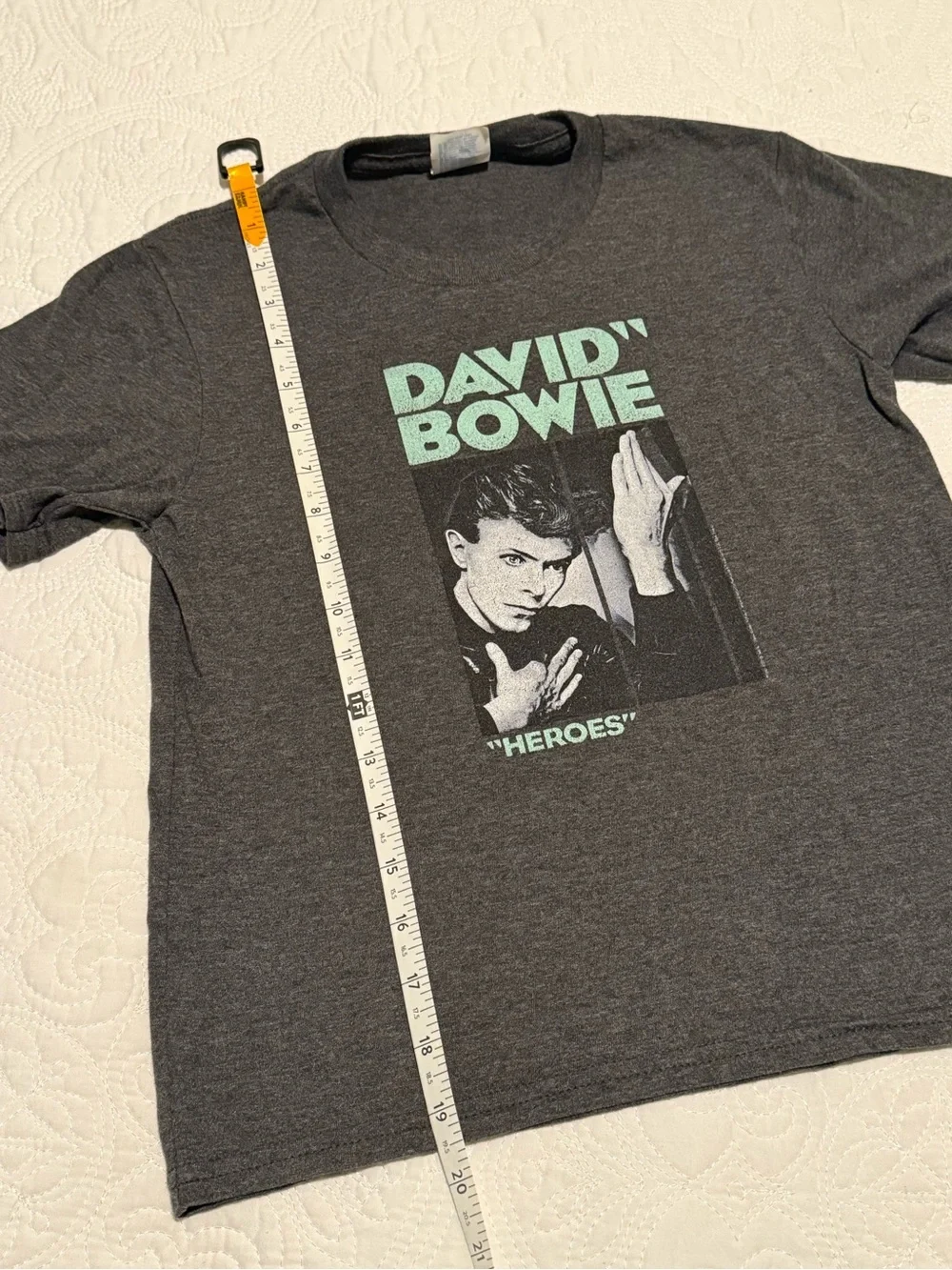 David Bowie 'Heroes' Short Sleeve Graphic Tee - Charcoal with Mint Print